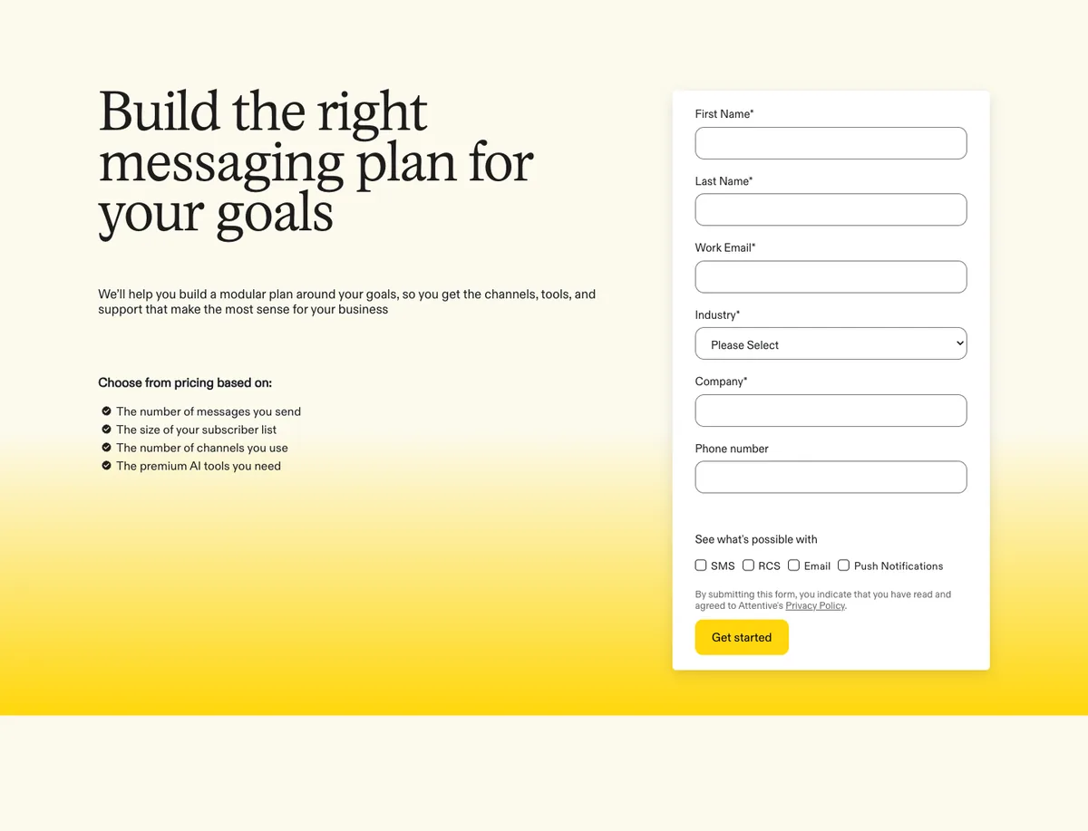 Attentive pricing page: a demo request form with pricing based on messages sent, list size, channels and AI tools