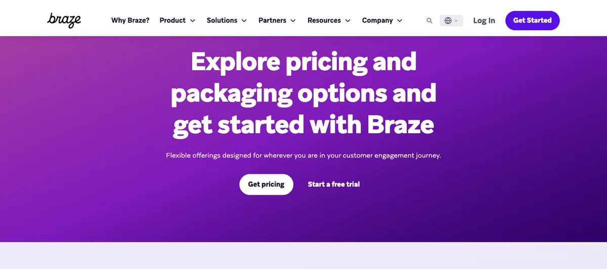 Braze pricing page with no published prices, only a Get pricing button