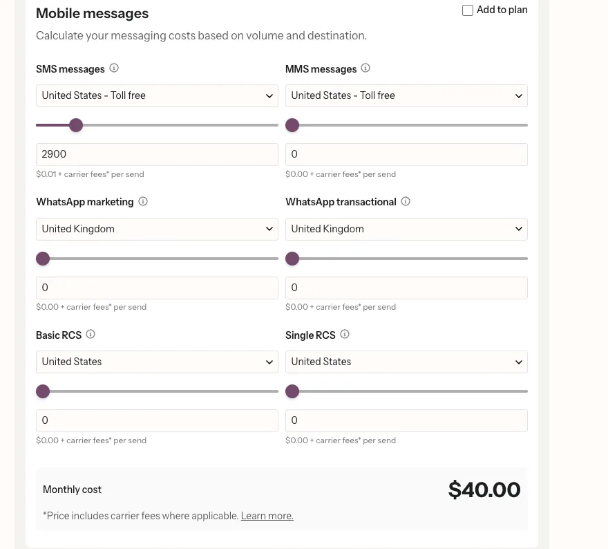 Klaviyo's mobile messaging calculator: 2,900 US toll-free SMS a month for $40.00 including carrier fees
