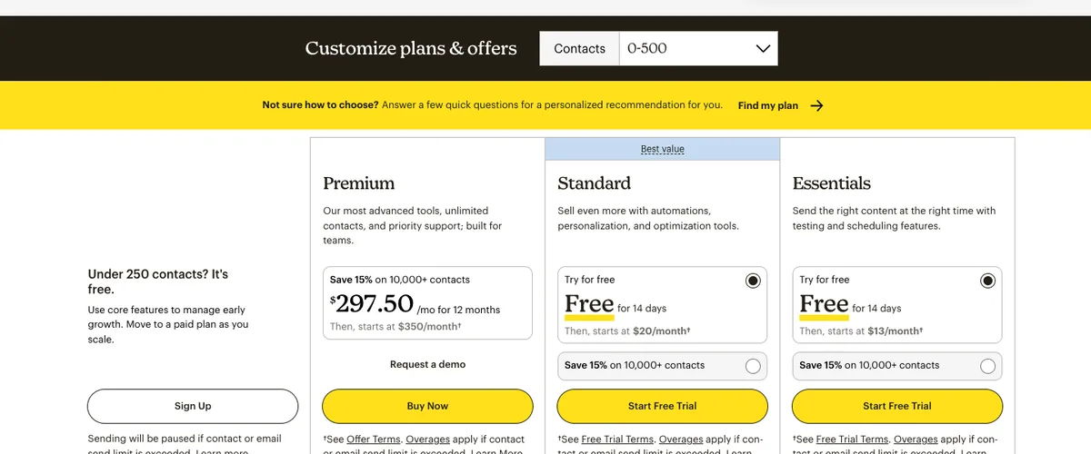 Mailchimp pricing page in USD: Premium from $350 a month, Standard from $20 a month, Essentials from $13 a month